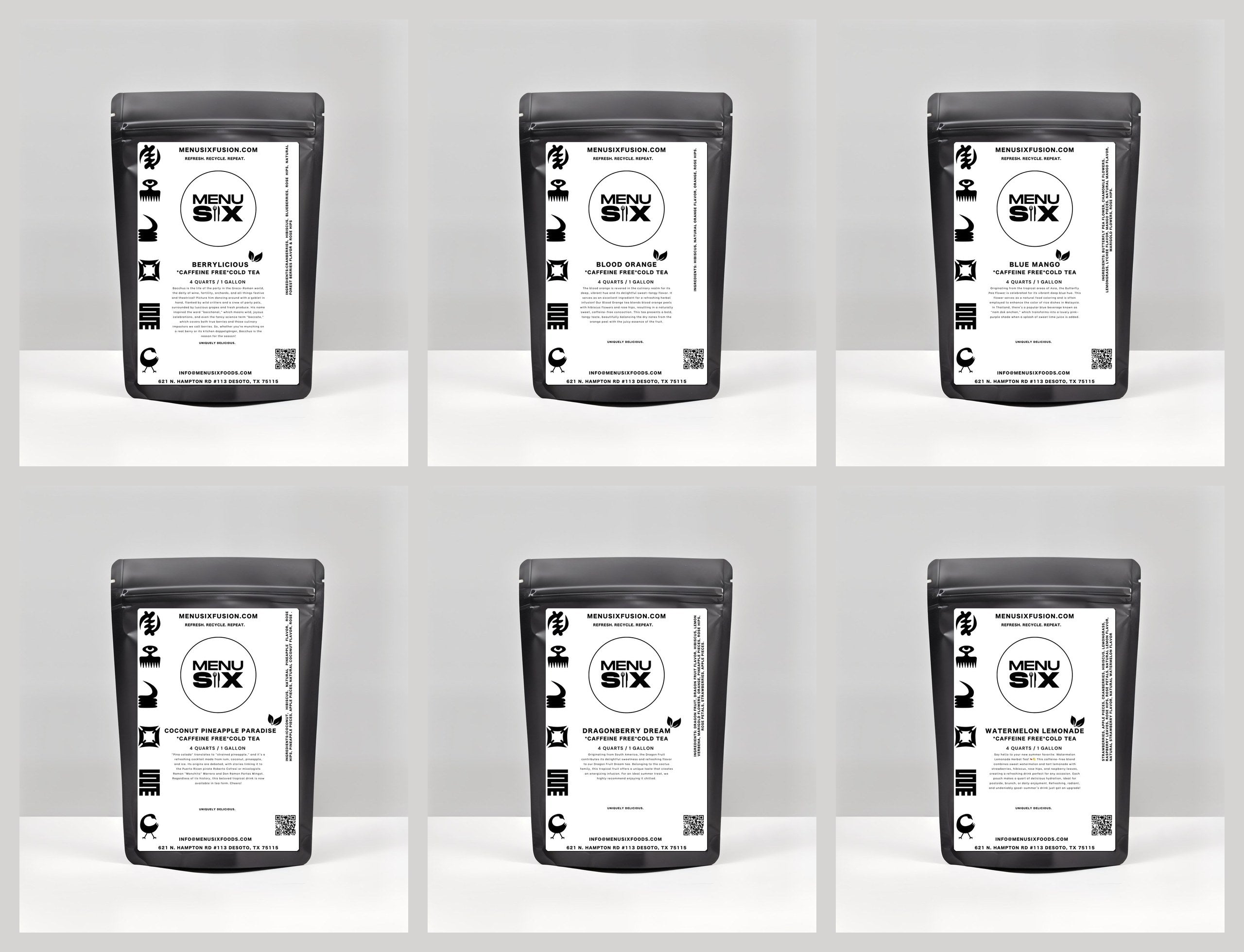 Signature Sampler Pack - all 6 Menu Six Fusion gallon tea bag flavors